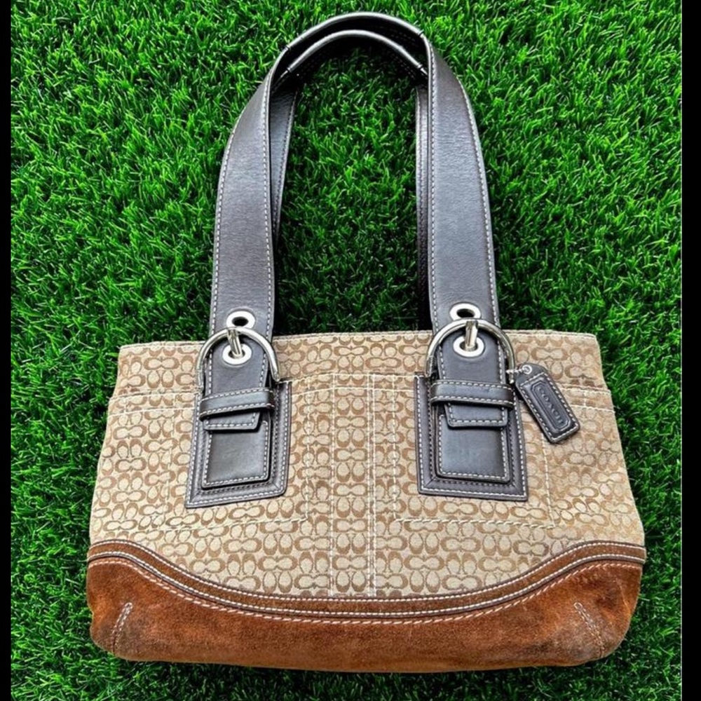 Coach Tan Signature Canvas Shoulder Bag with Brown Suede Trim
